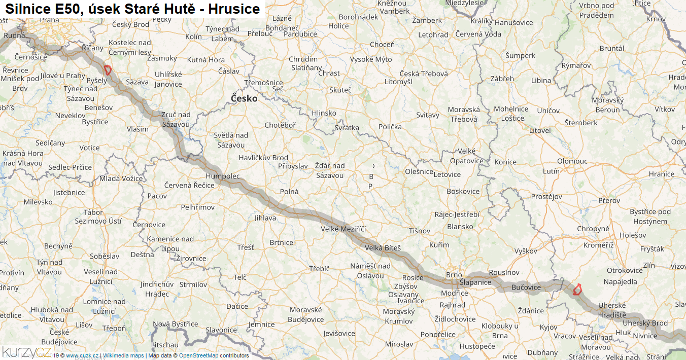 Úsek Staré Hutě - Hrusice, Silnice E50 - Mapa