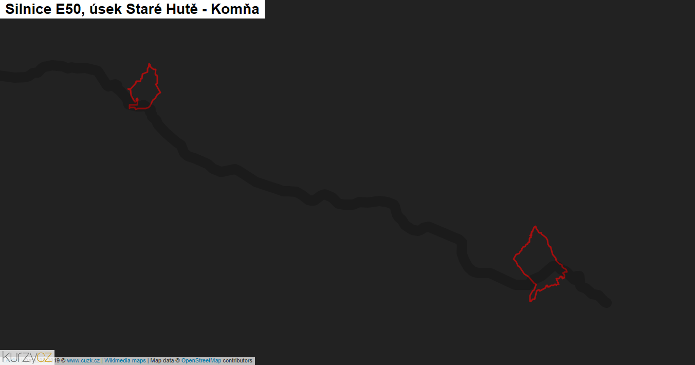 Úsek Staré Hutě - Komňa, Silnice E50 - Mapa