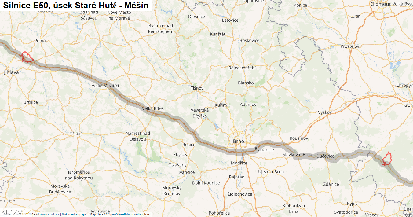 Úsek Staré Hutě - Měšín, Silnice E50 - Mapa