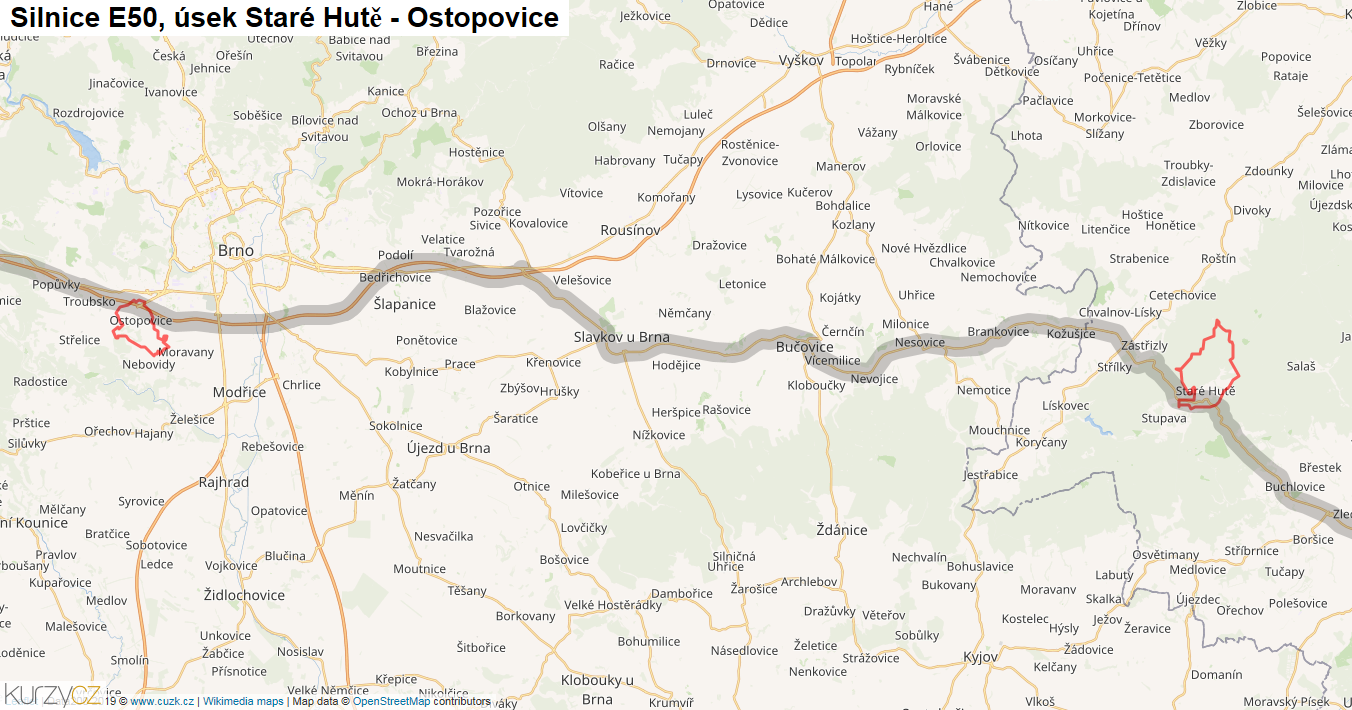 Úsek Staré Hutě - Ostopovice, Silnice E50 - Mapa