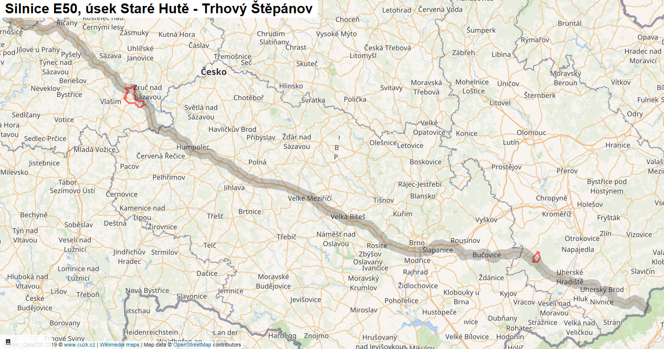 Úsek Staré Hutě - Trhový Štěpánov, Silnice E50 - Mapa