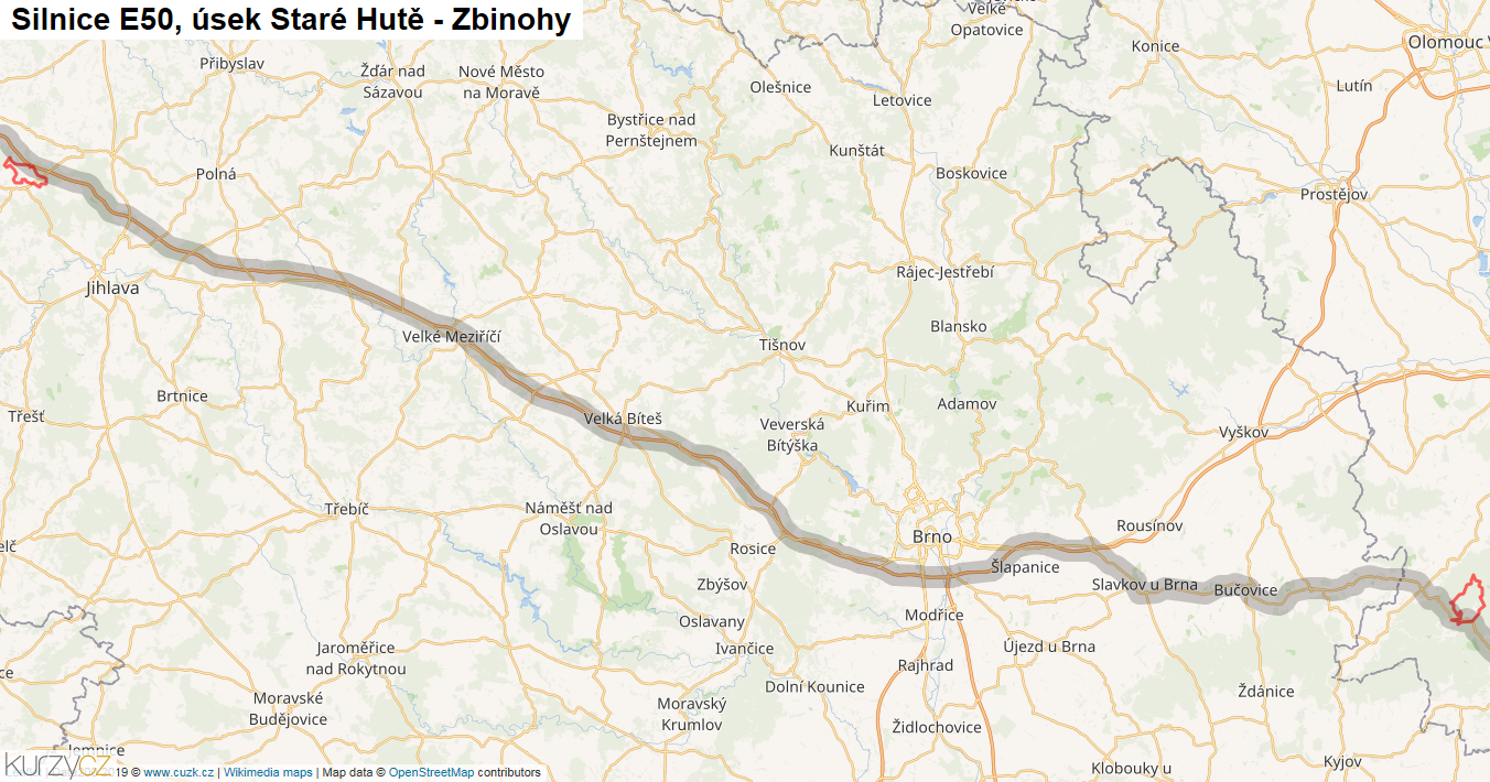Úsek Staré Hutě - Zbinohy, Silnice E50 - Mapa