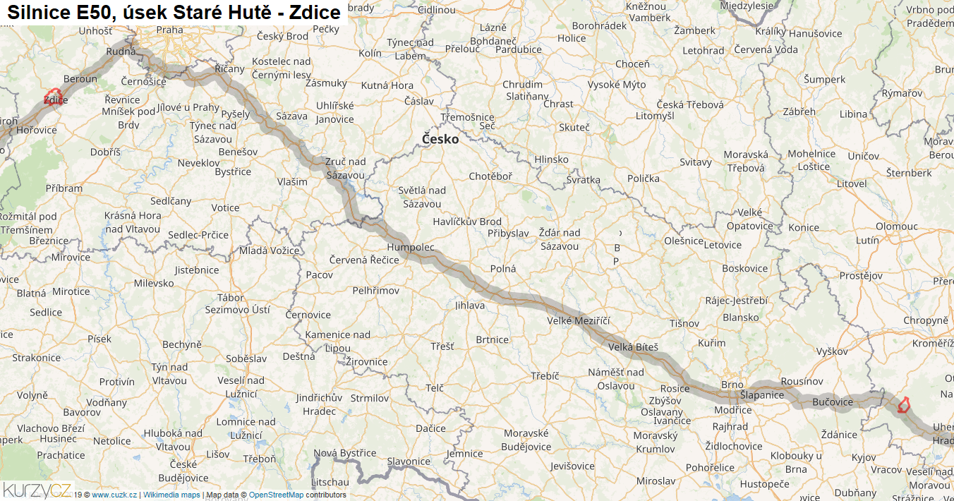 Úsek Staré Hutě - Zdice, Silnice E50 - Mapa