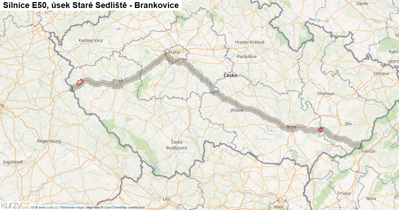 Úsek Staré Sedliště - Brankovice, Silnice E50 - Mapa