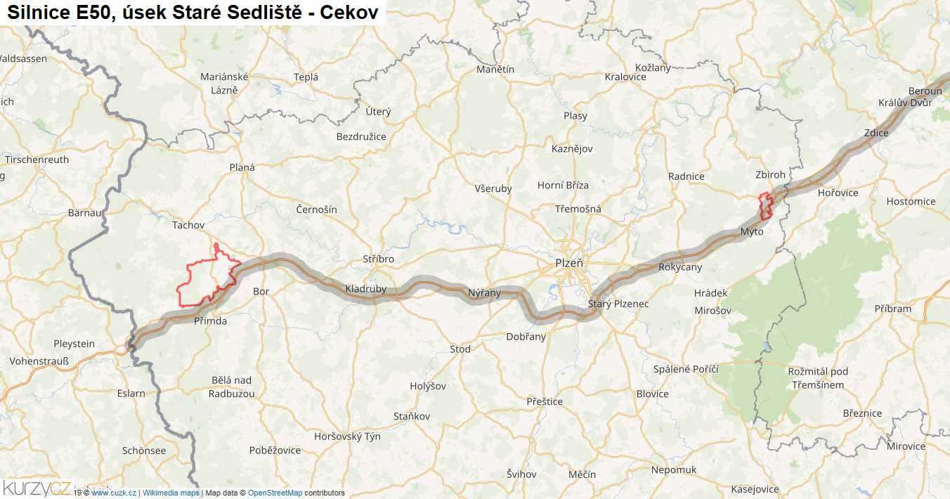 Úsek Staré Sedliště - Cekov, Silnice E50 - Mapa