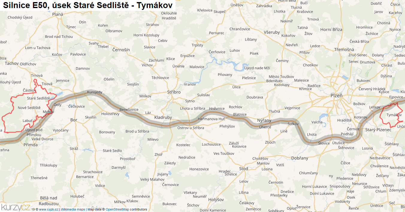 Úsek Staré Sedliště - Tymákov, Silnice E50 - Mapa