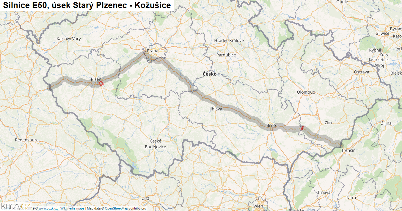 Úsek Starý Plzenec - Kožušice, Silnice E50 - Mapa