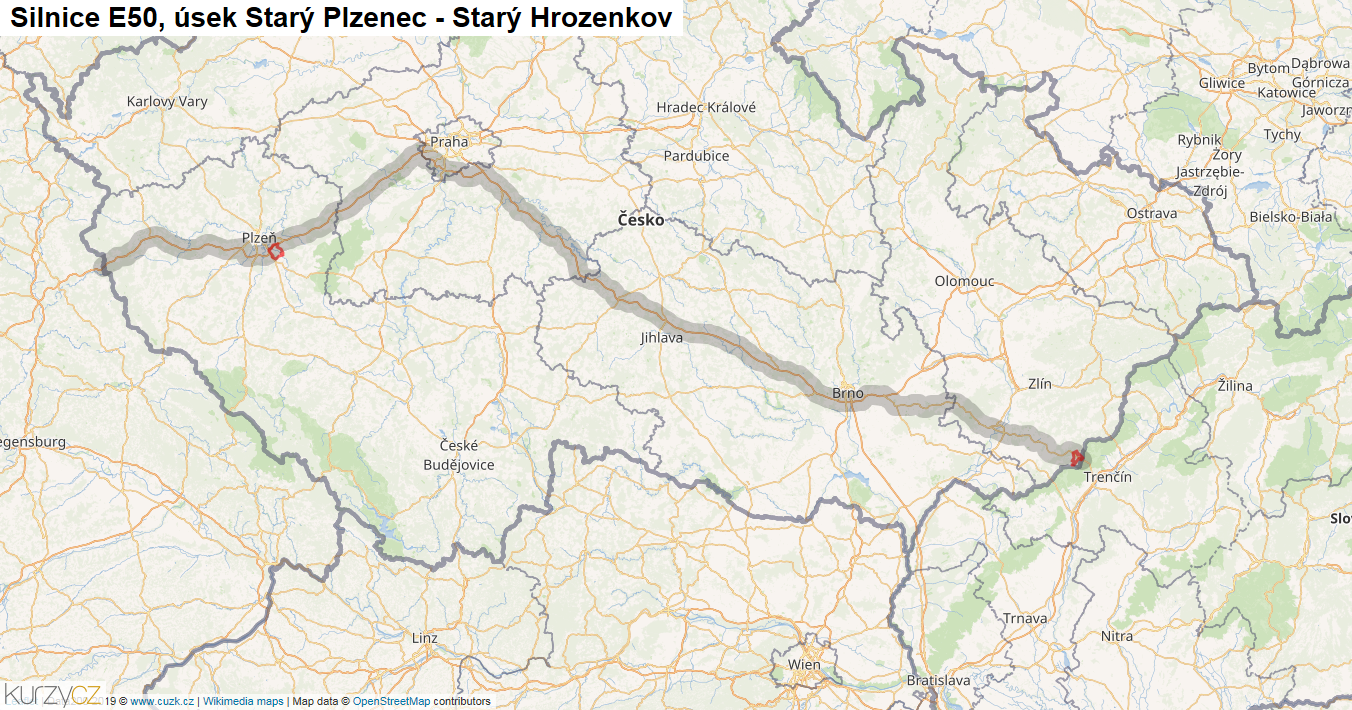 Úsek Starý Plzenec - Starý Hrozenkov, Silnice E50 - Mapa