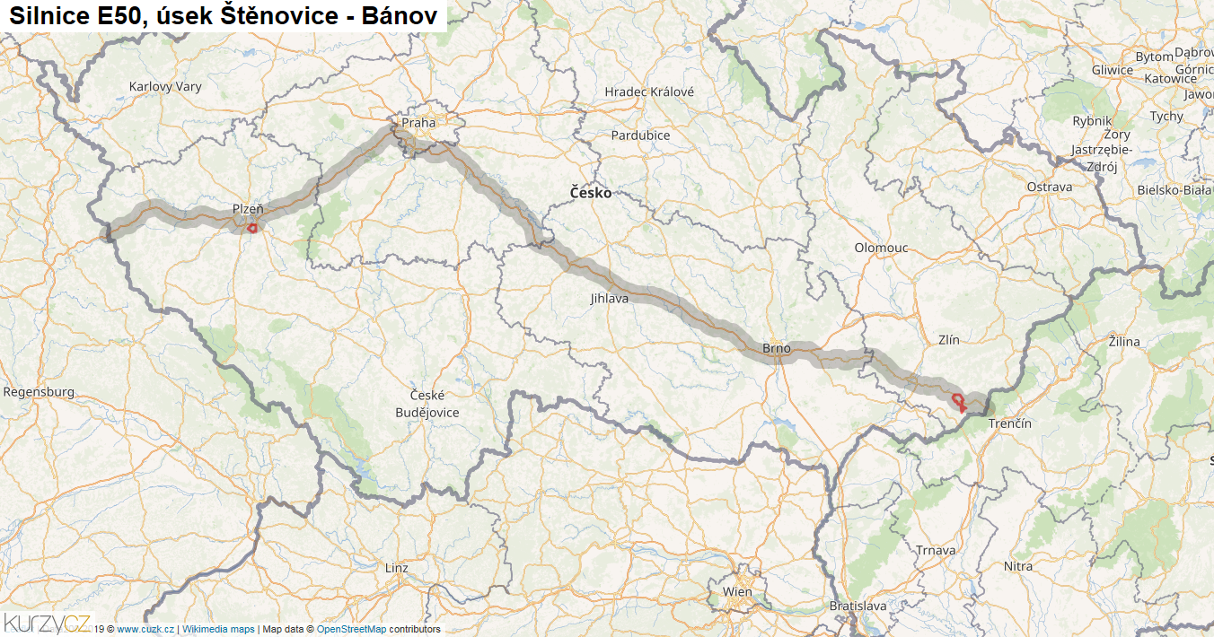 Úsek Štěnovice - Bánov, Silnice E50 - Mapa