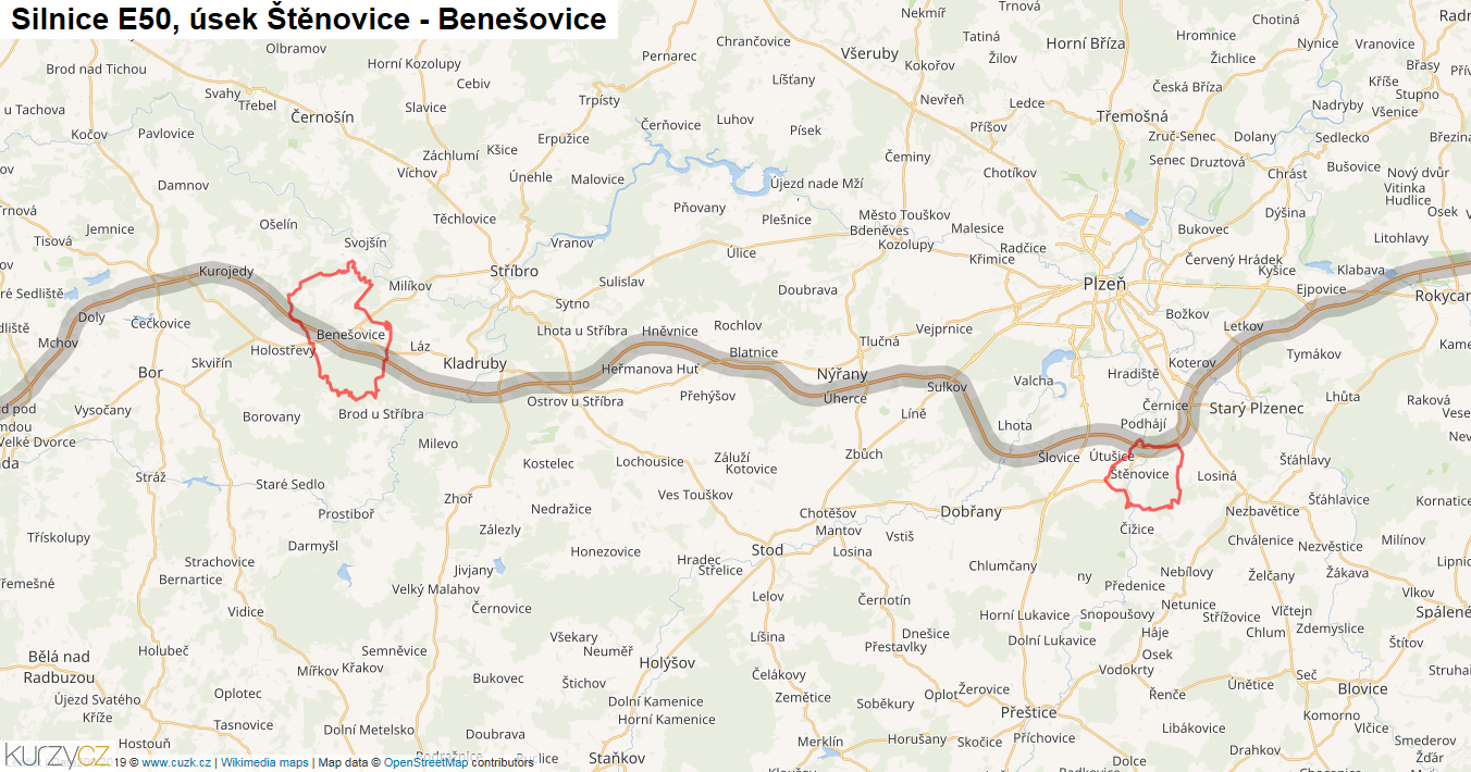 Úsek Štěnovice - Benešovice, Silnice E50 - Mapa