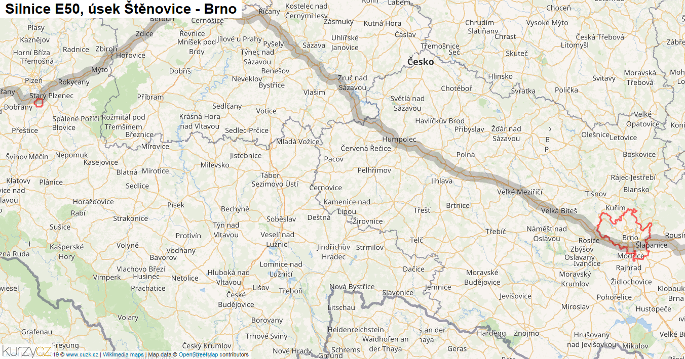 Úsek Štěnovice - Brno, Silnice E50 - Mapa