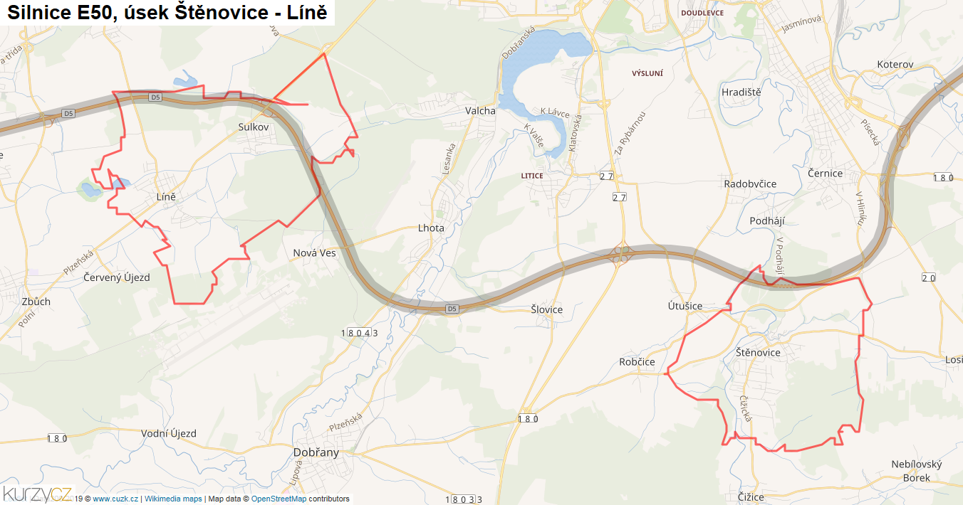 Úsek Štěnovice - Líně, Silnice E50 - Mapa
