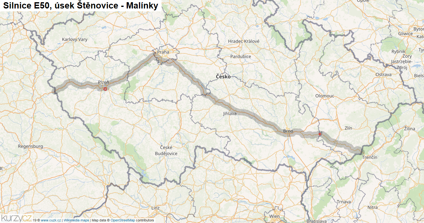 Úsek Štěnovice - Malínky, Silnice E50 - Mapa