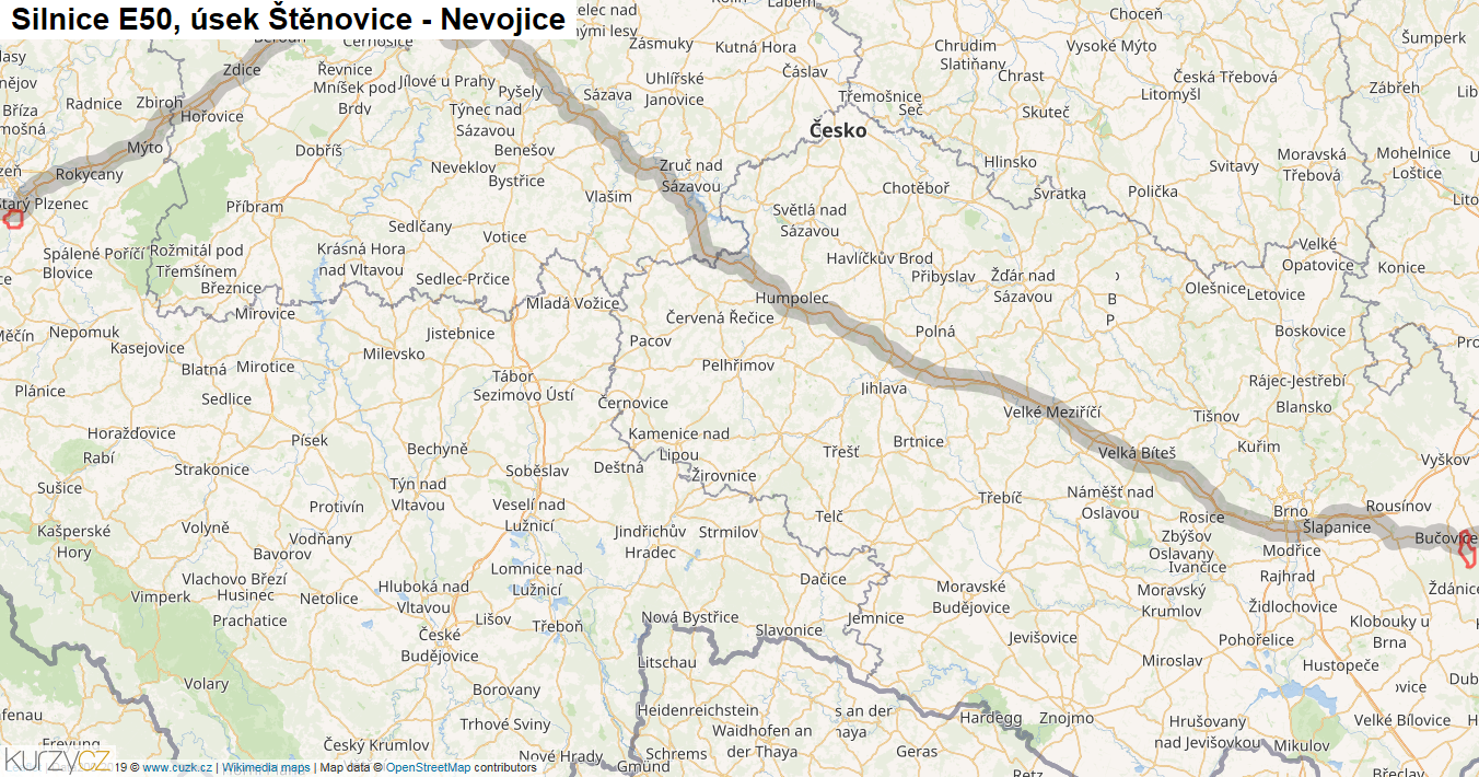 Úsek Štěnovice - Nevojice, Silnice E50 - Mapa
