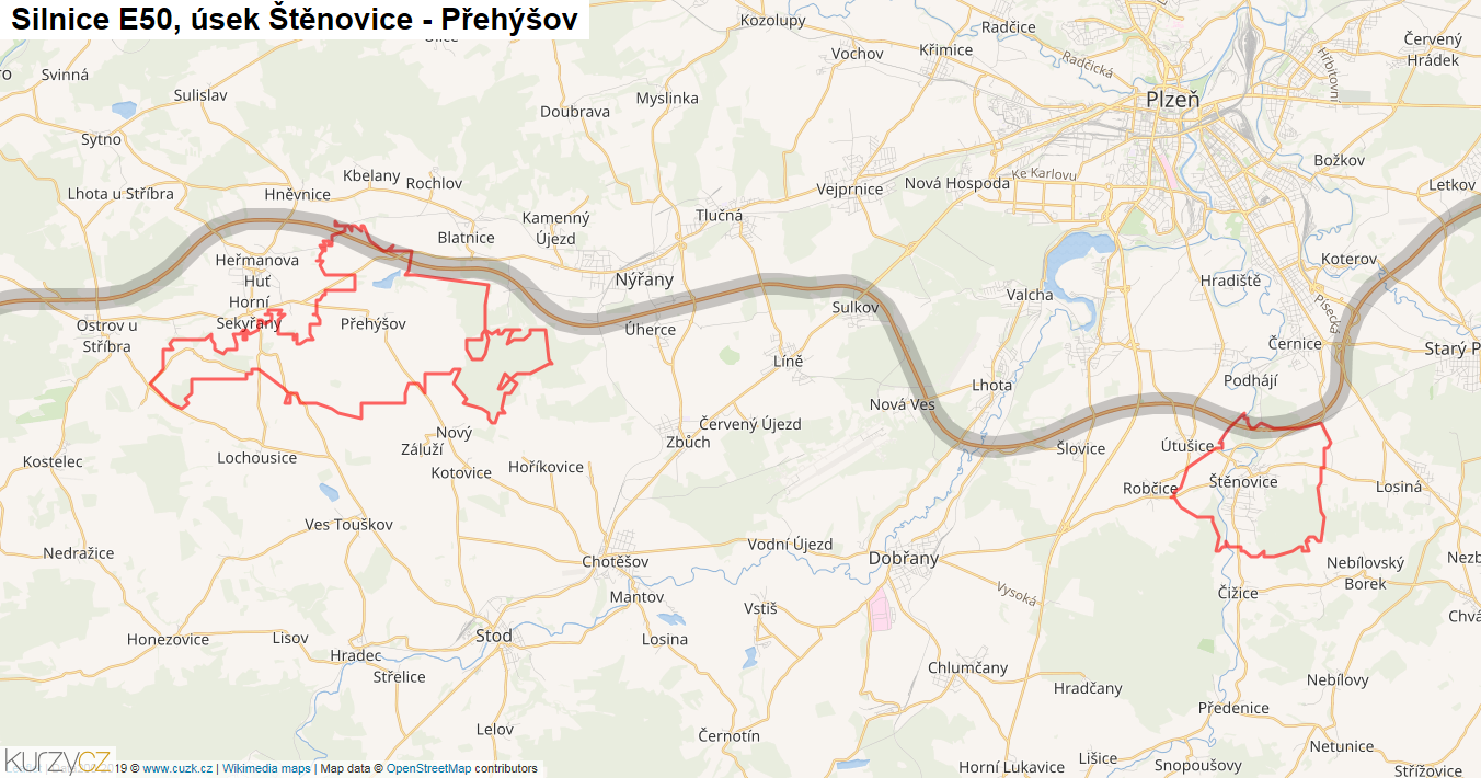 Úsek Štěnovice - Přehýšov, Silnice E50 - Mapa