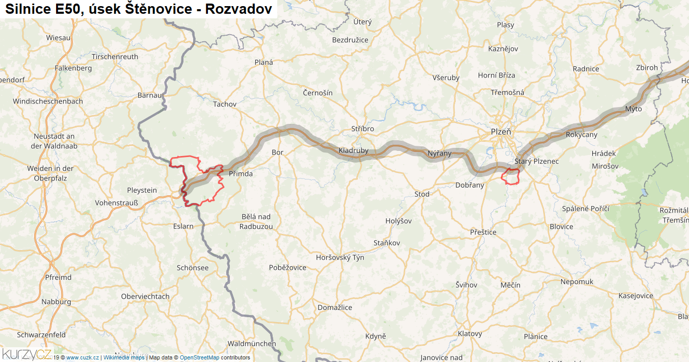Úsek Štěnovice - Rozvadov, Silnice E50 - Mapa