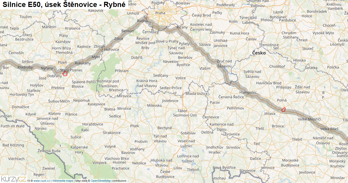 Úsek Štěnovice - Rybné, Silnice E50 - Mapa