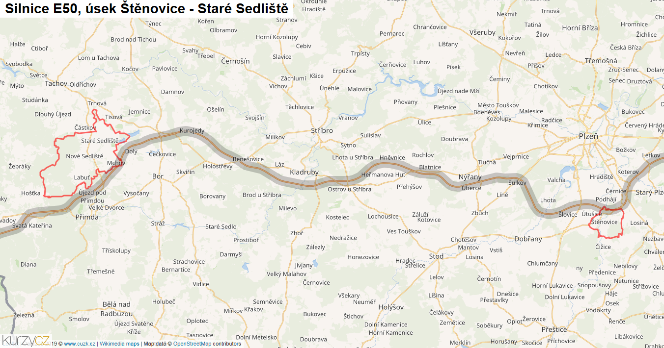 Úsek Štěnovice - Staré Sedliště, Silnice E50 - Mapa