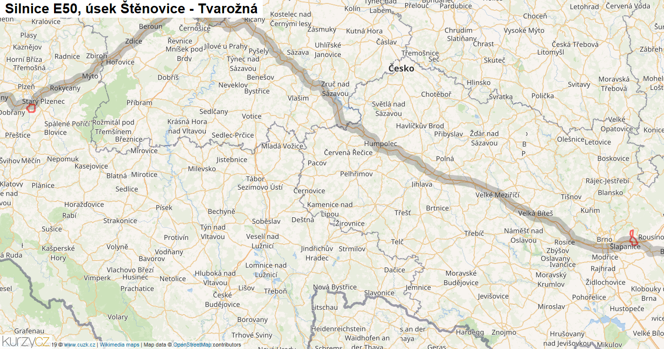 Úsek Štěnovice - Tvarožná, Silnice E50 - Mapa