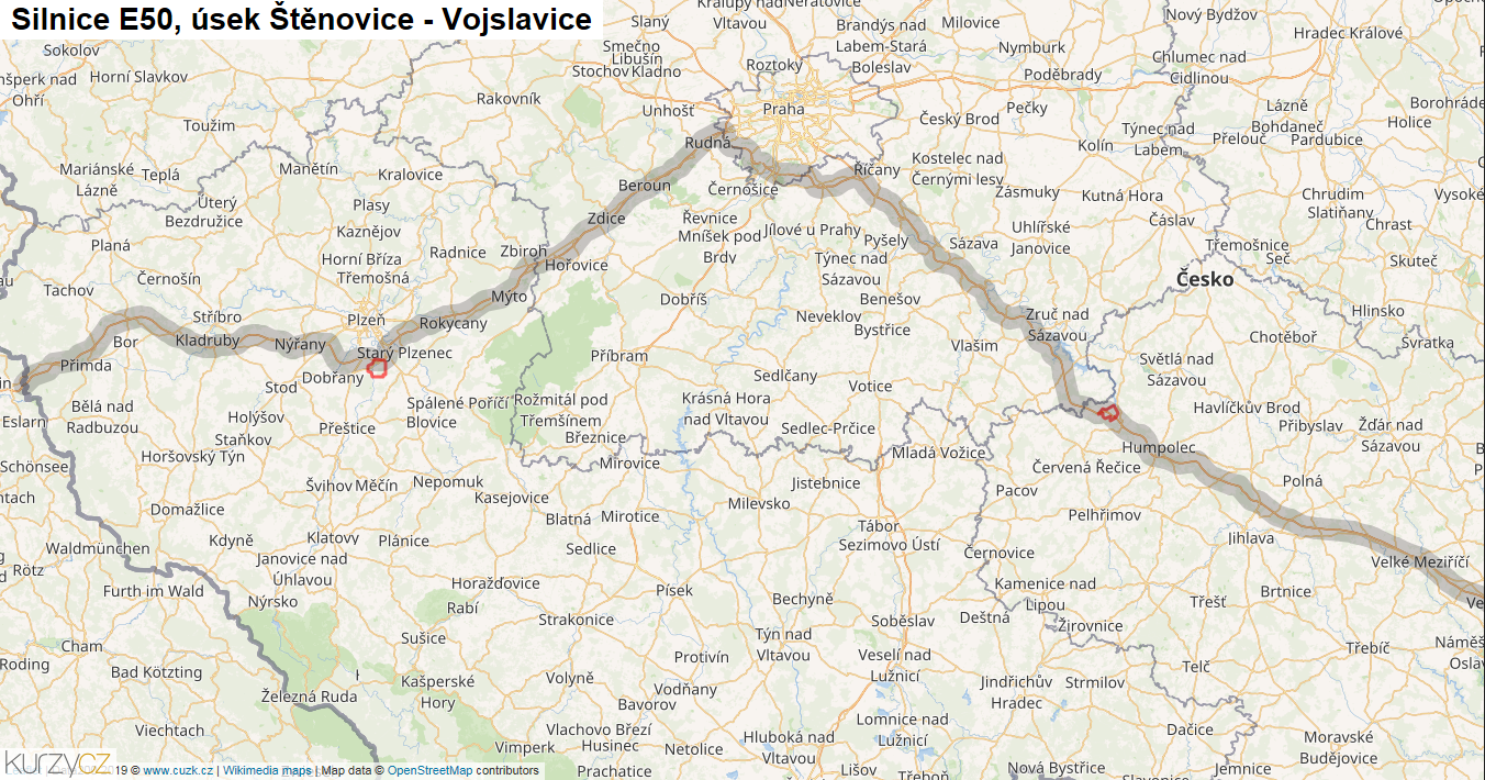 Úsek Štěnovice - Vojslavice, Silnice E50 - Mapa