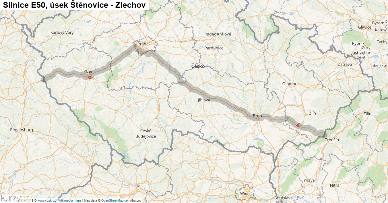 Úsek Štěnovice - Zlechov, Silnice E50 - Mapa