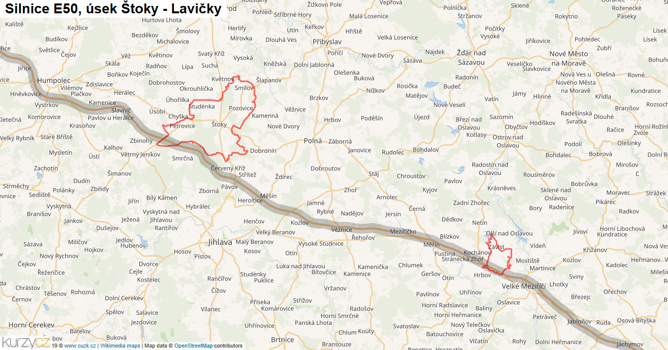 Úsek Štoky - Lavičky, Silnice E50 - Mapa