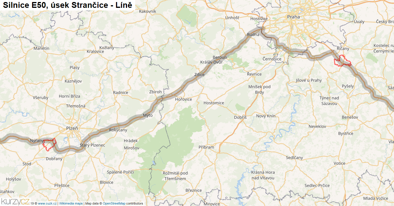 Úsek Strančice - Líně, Silnice E50 - Mapa