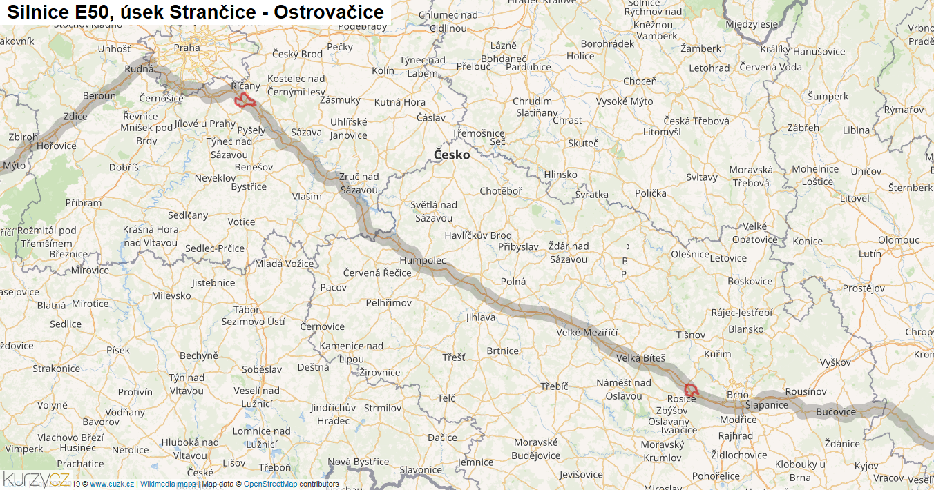 Úsek Strančice - Ostrovačice, Silnice E50 - Mapa