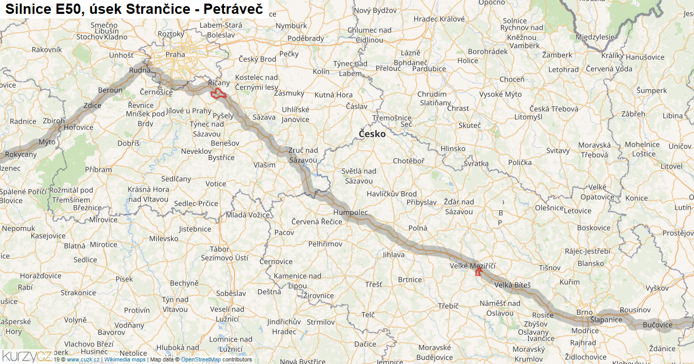 Úsek Strančice - Petráveč, Silnice E50 - Mapa