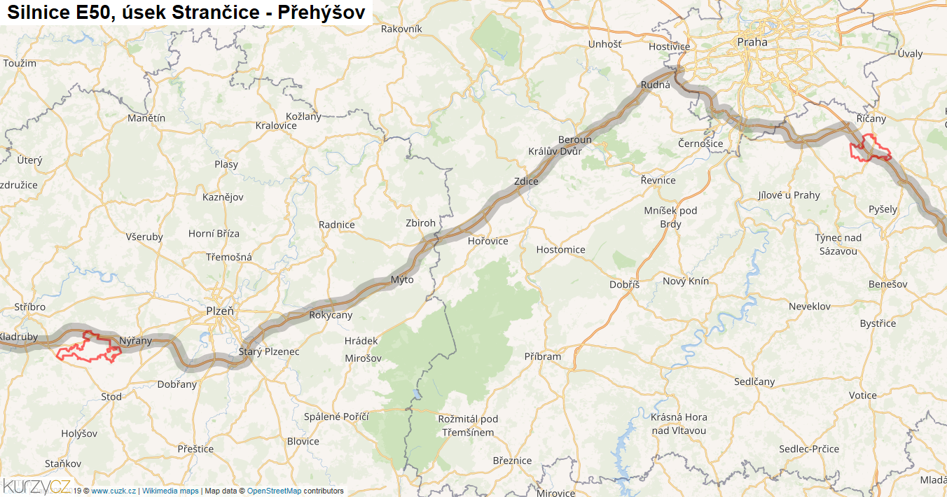 Úsek Strančice - Přehýšov, Silnice E50 - Mapa