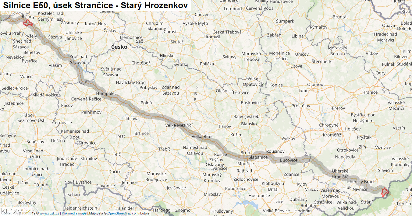 Úsek Strančice - Starý Hrozenkov, Silnice E50 - Mapa
