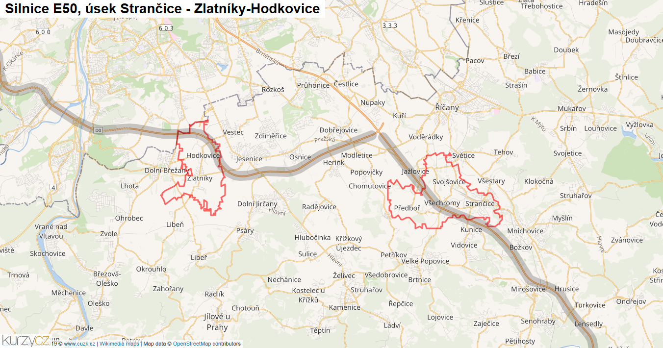 Úsek Strančice - Zlatníky-Hodkovice, Silnice E50 - Mapa