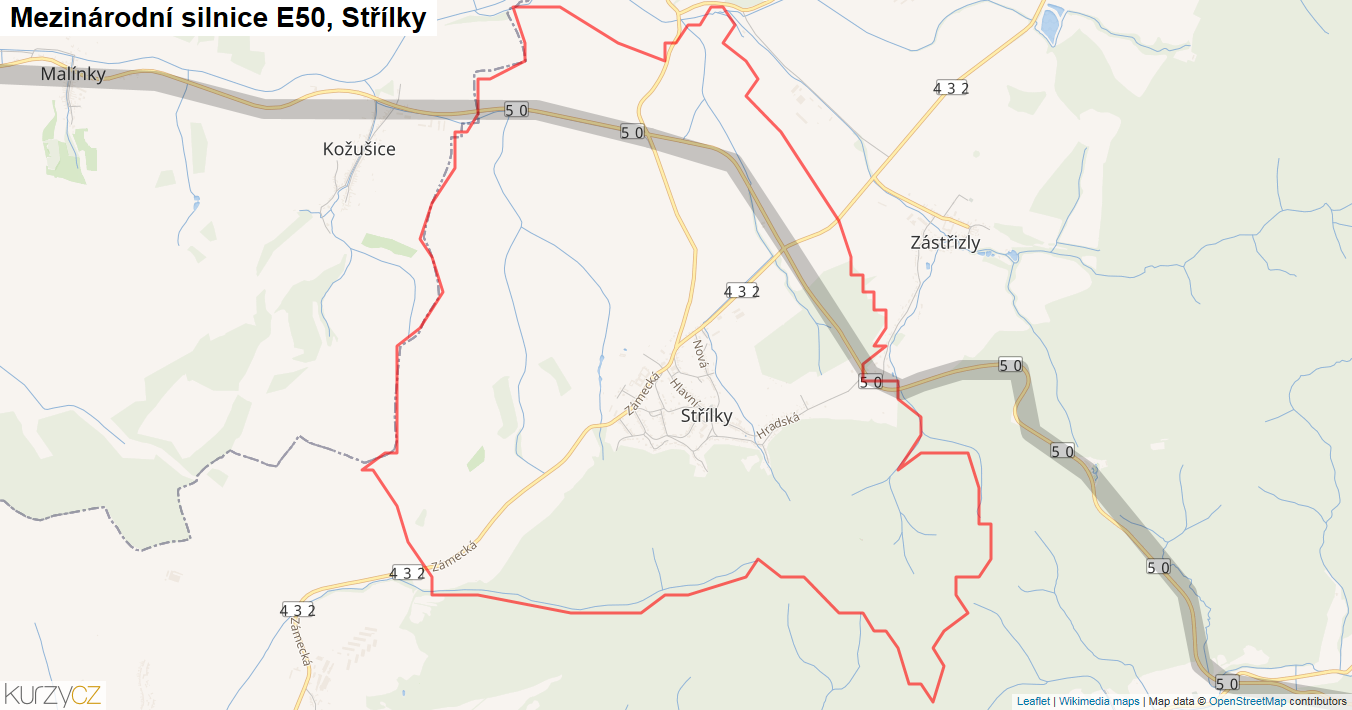 Střílky, Silnice E50 - Mapa