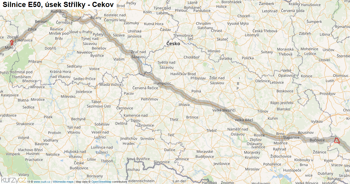 Úsek Střílky - Cekov, Silnice E50 - Mapa