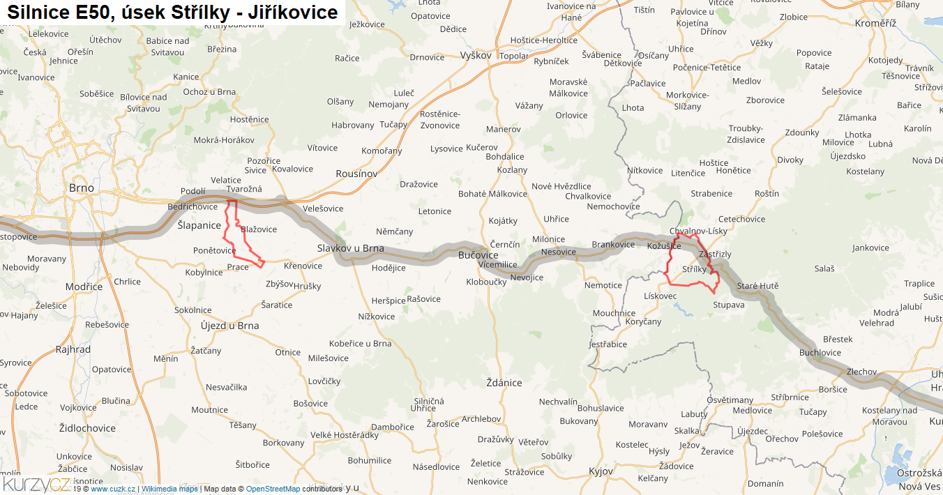 Úsek Střílky - Jiříkovice, Silnice E50 - Mapa