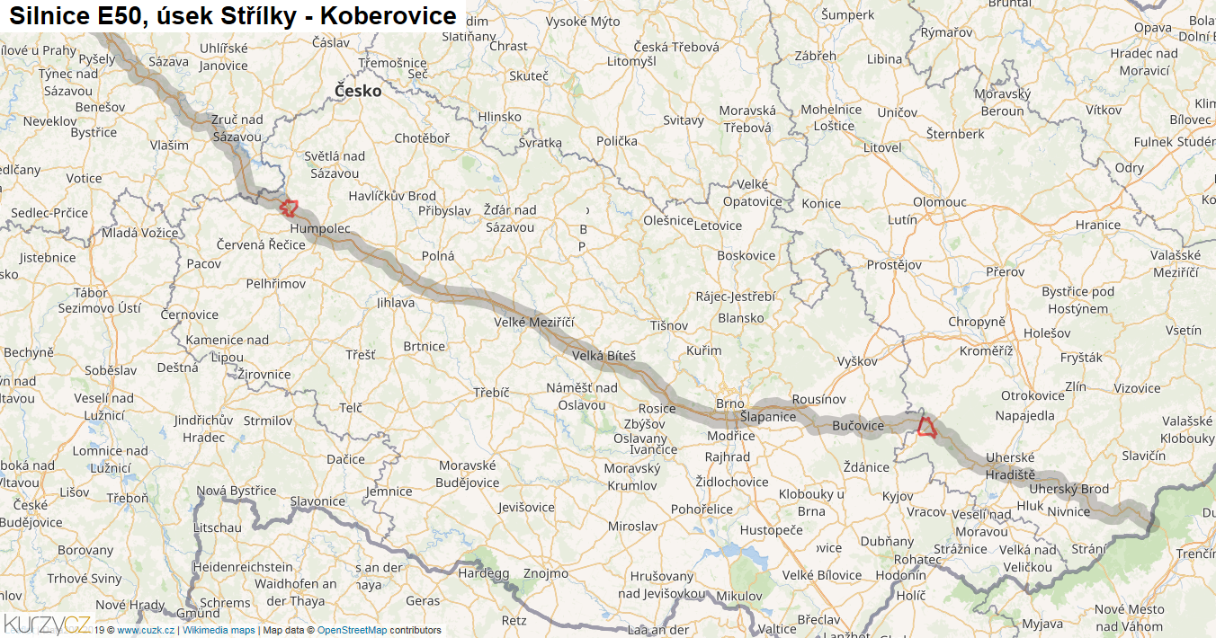 Úsek Střílky - Koberovice, Silnice E50 - Mapa