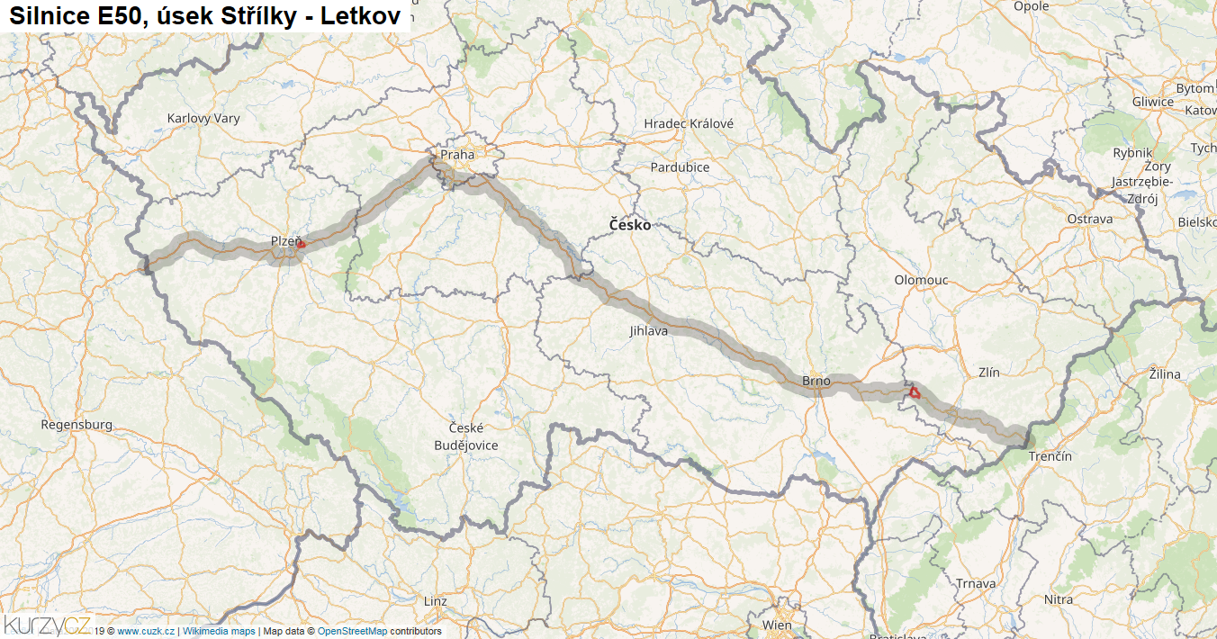 Úsek Střílky - Letkov, Silnice E50 - Mapa