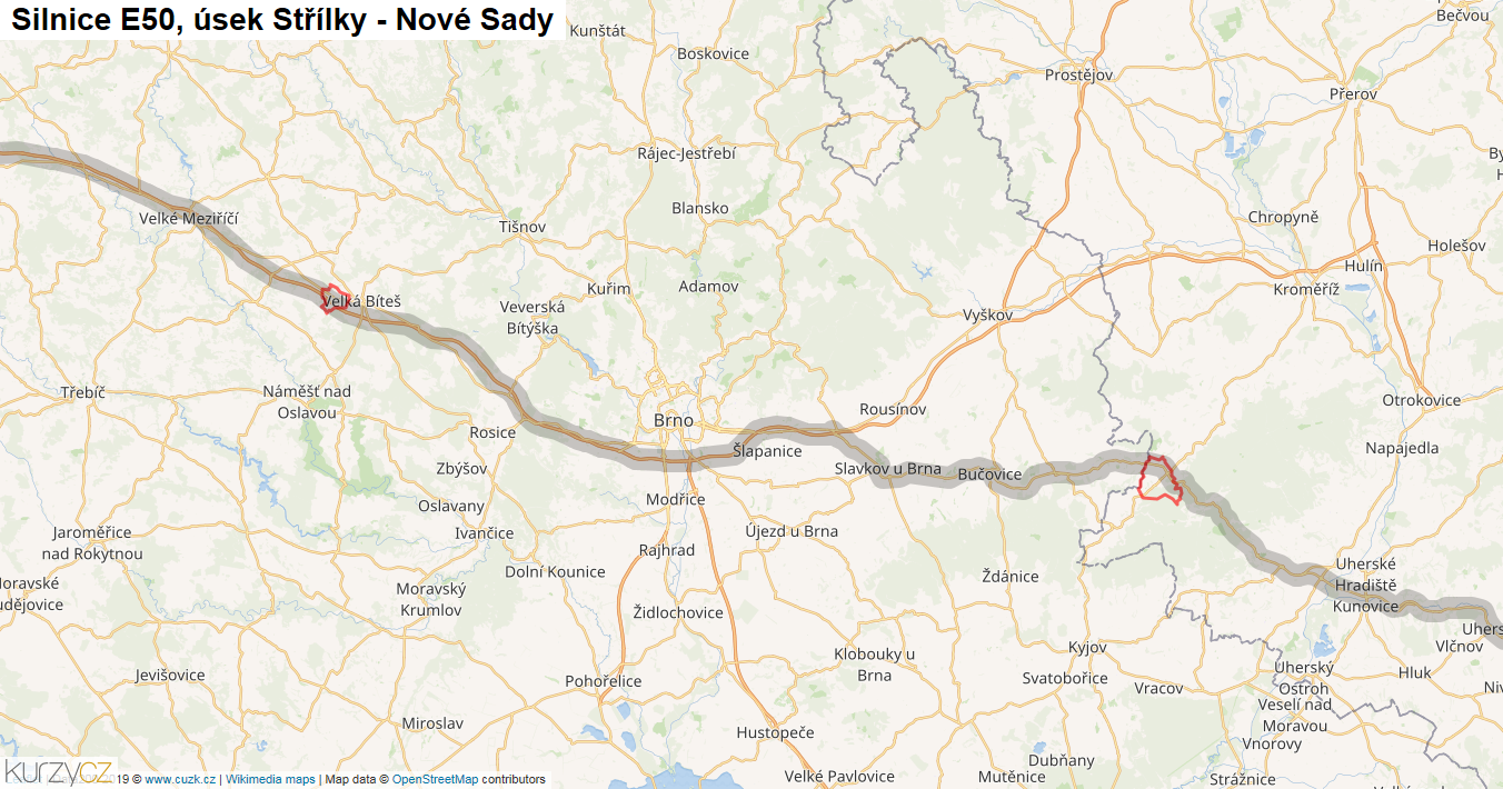 Úsek Střílky - Nové Sady, Silnice E50 - Mapa