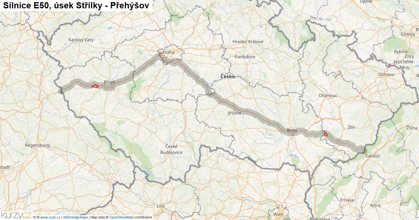 Úsek Střílky - Přehýšov, Silnice E50 - Mapa