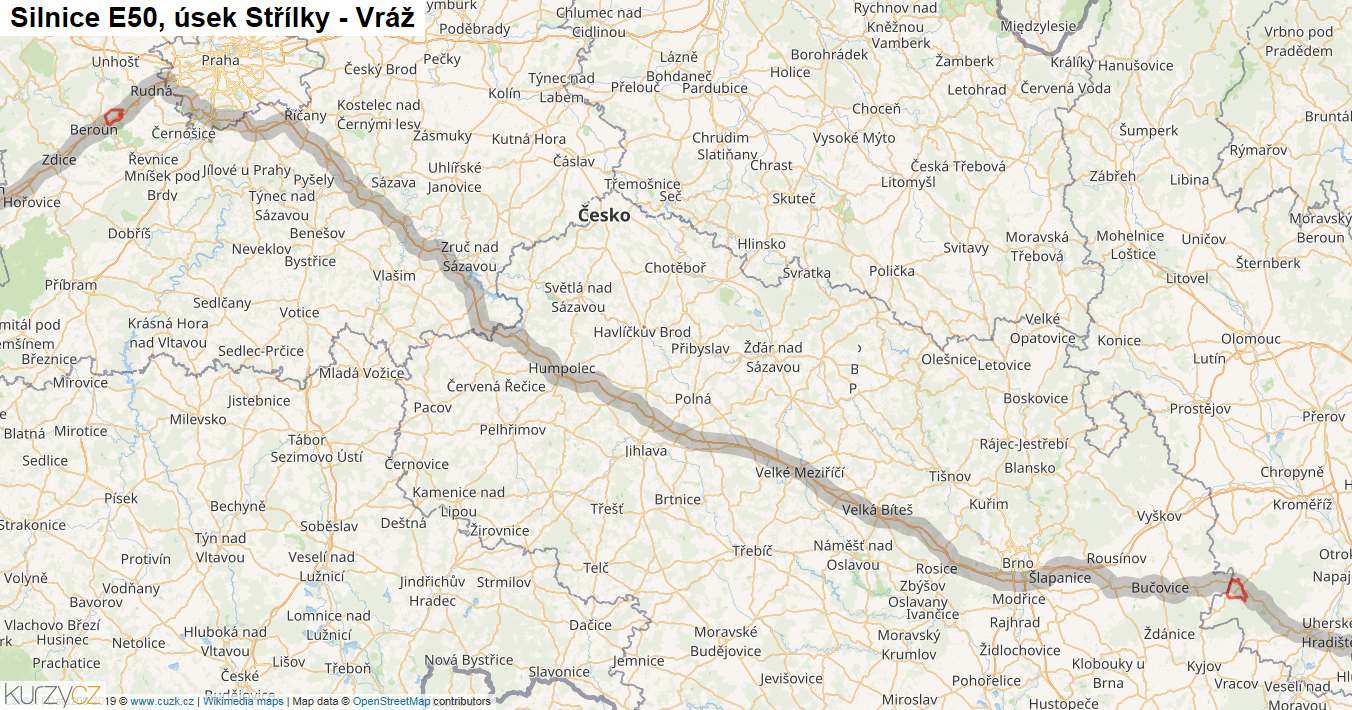 Úsek Střílky - Vráž, Silnice E50 - Mapa