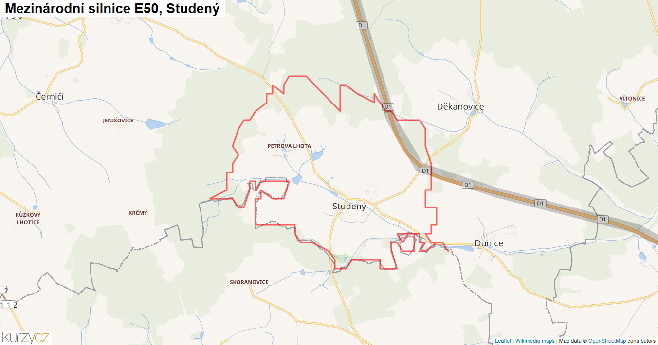 Studený, Silnice E50 - Mapa