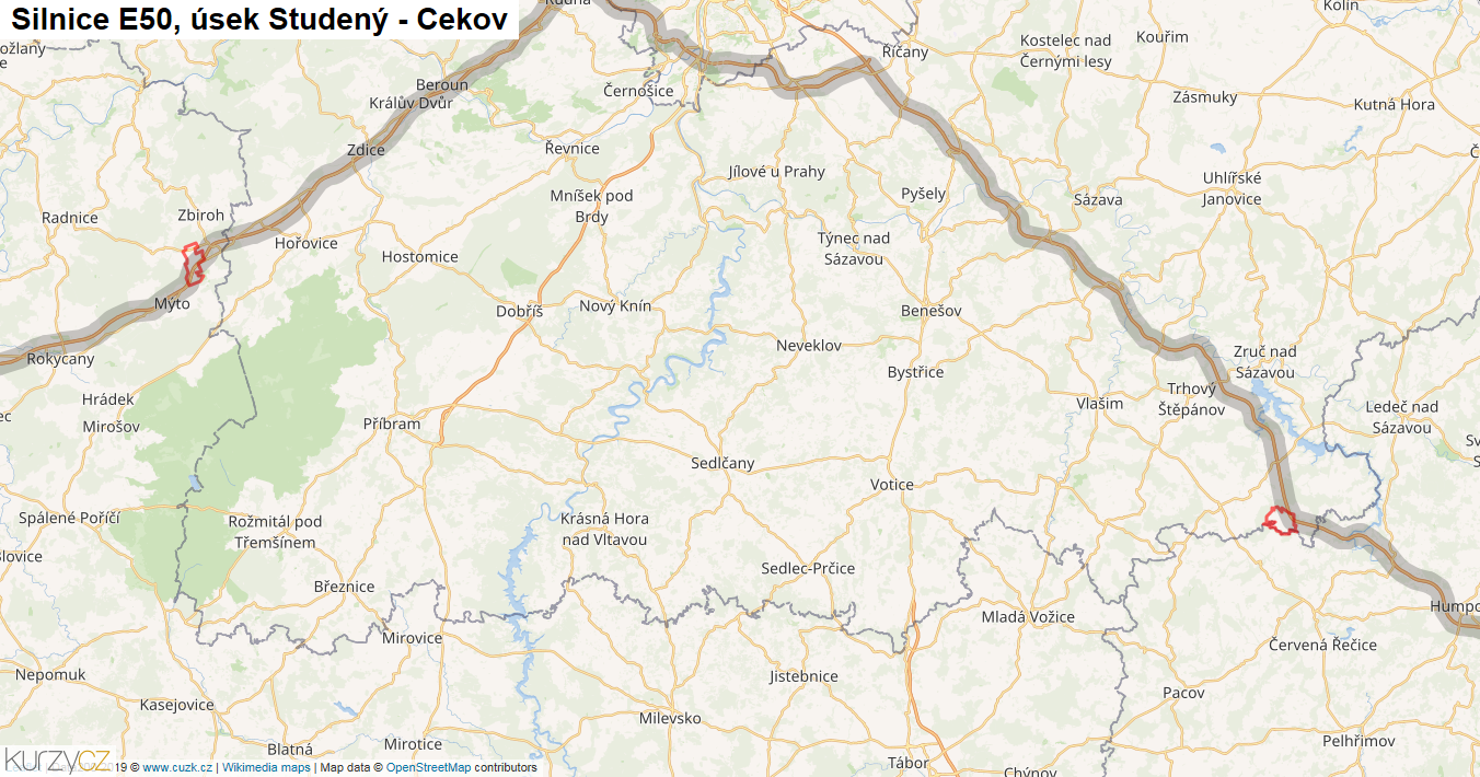 Úsek Studený - Cekov, Silnice E50 - Mapa