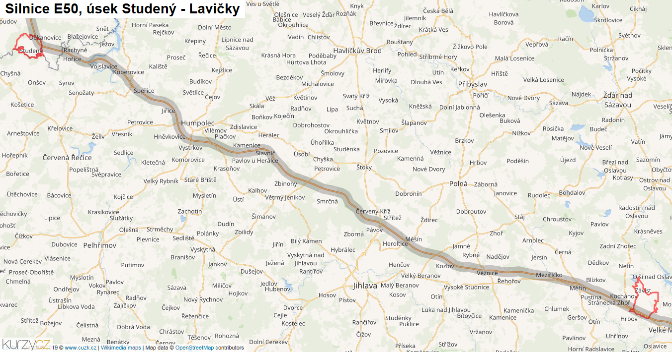 Úsek Studený - Lavičky, Silnice E50 - Mapa