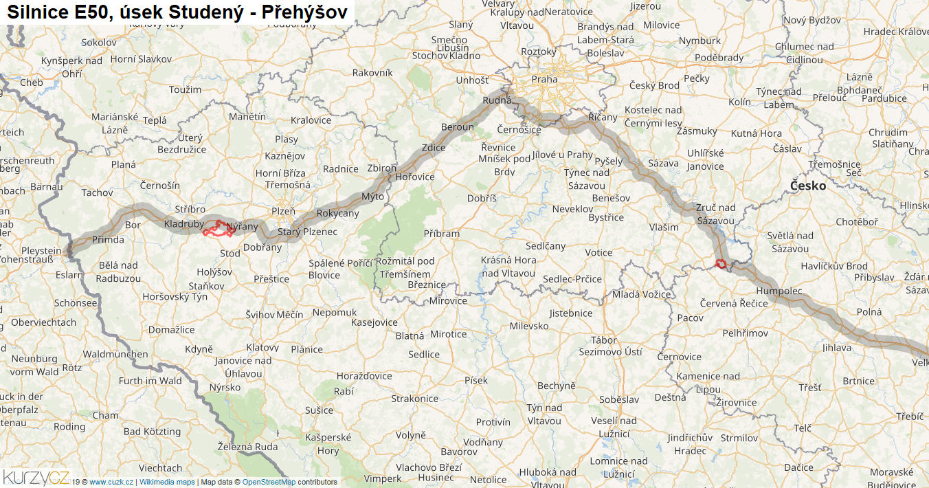 Úsek Studený - Přehýšov, Silnice E50 - Mapa