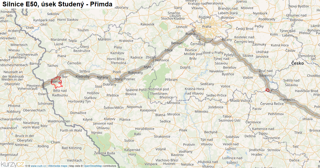 Úsek Studený - Přimda, Silnice E50 - Mapa