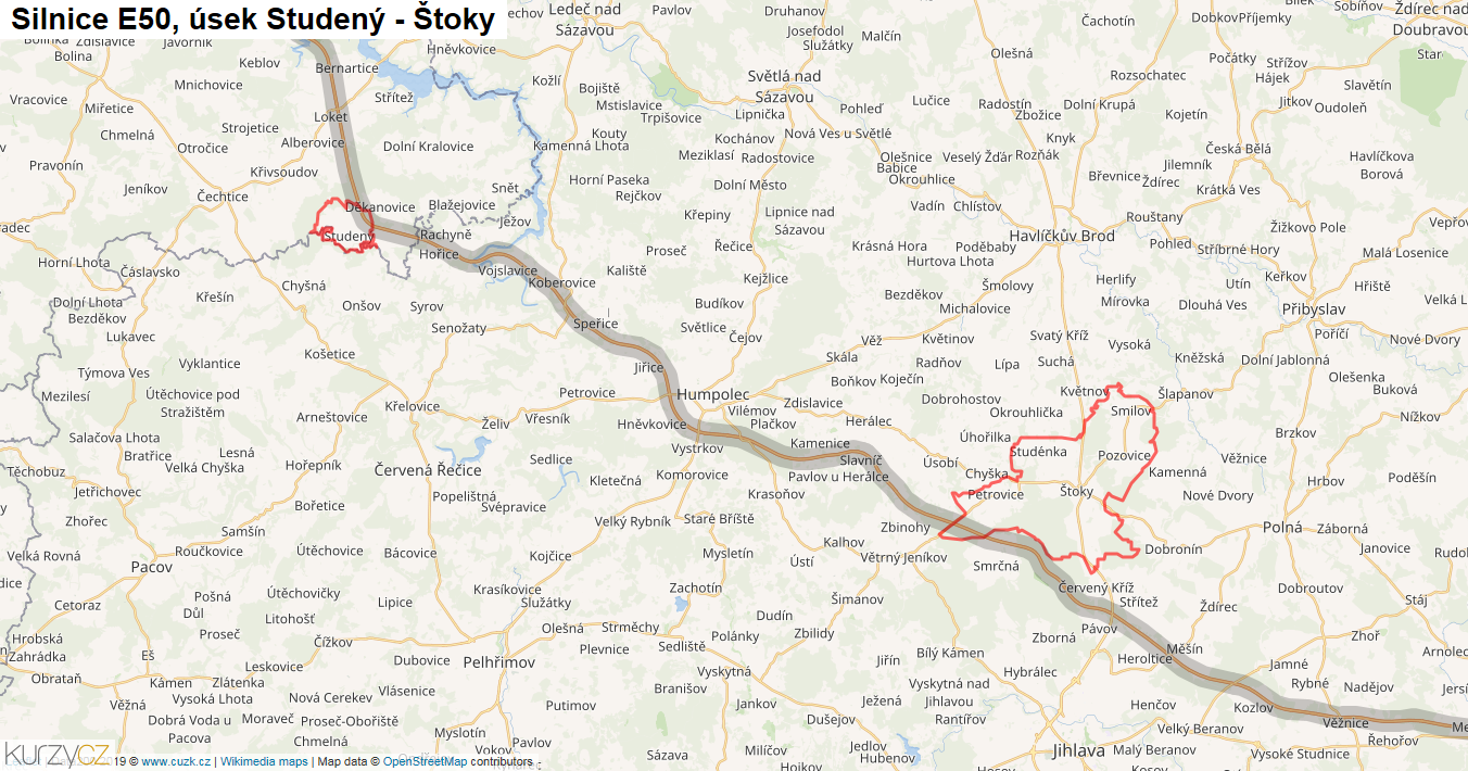 Úsek Studený - Štoky, Silnice E50 - Mapa