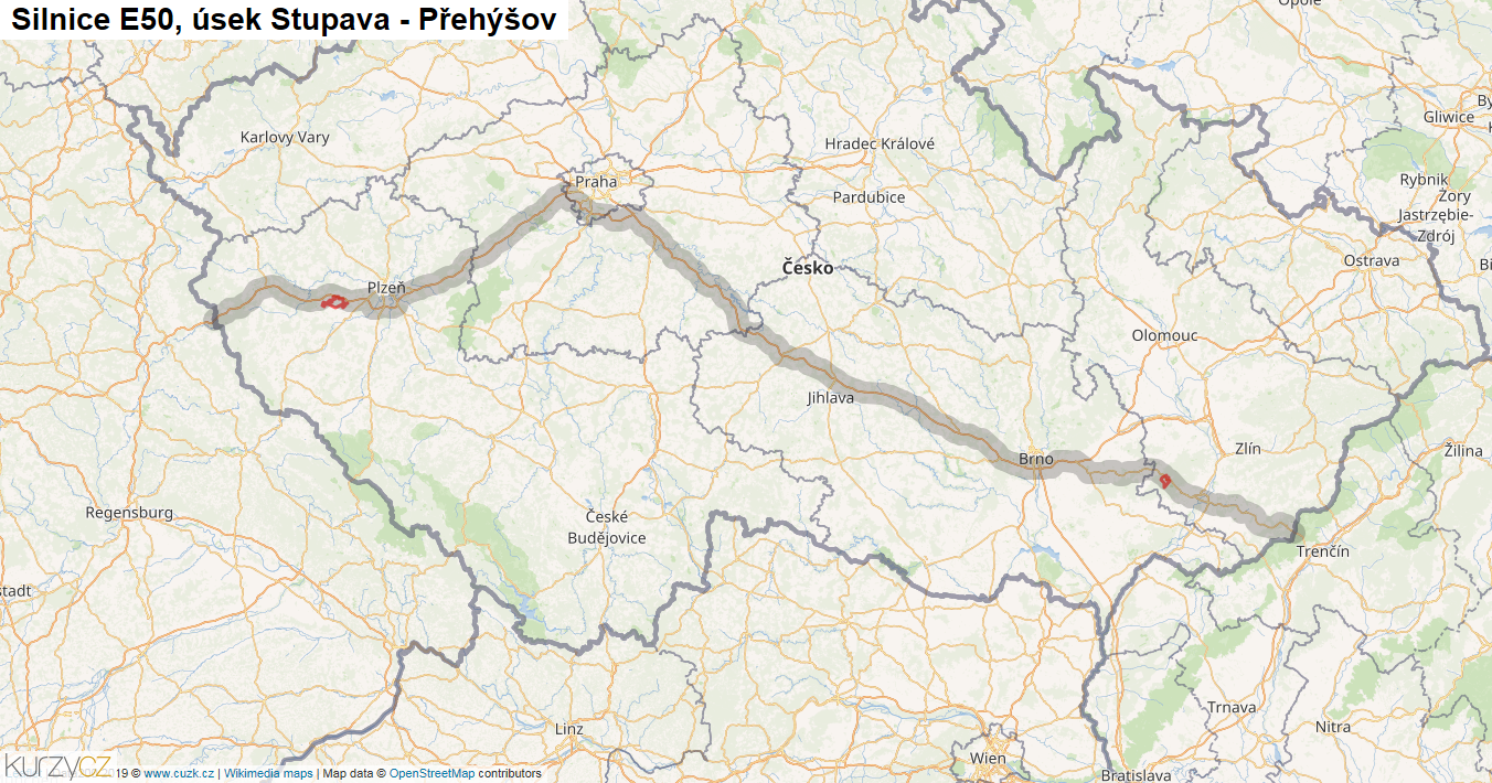Úsek Stupava - Přehýšov, Silnice E50 - Mapa
