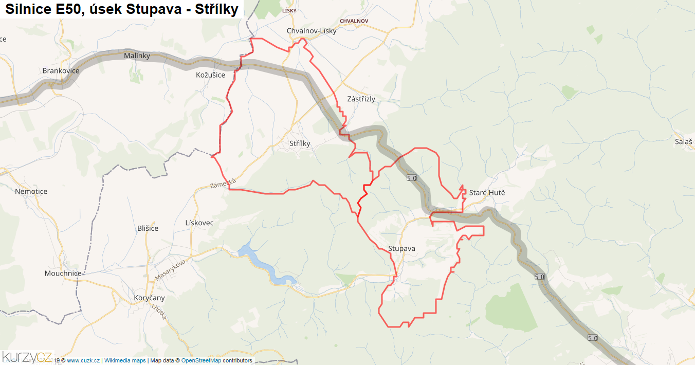 Úsek Stupava - Střílky, Silnice E50 - Mapa