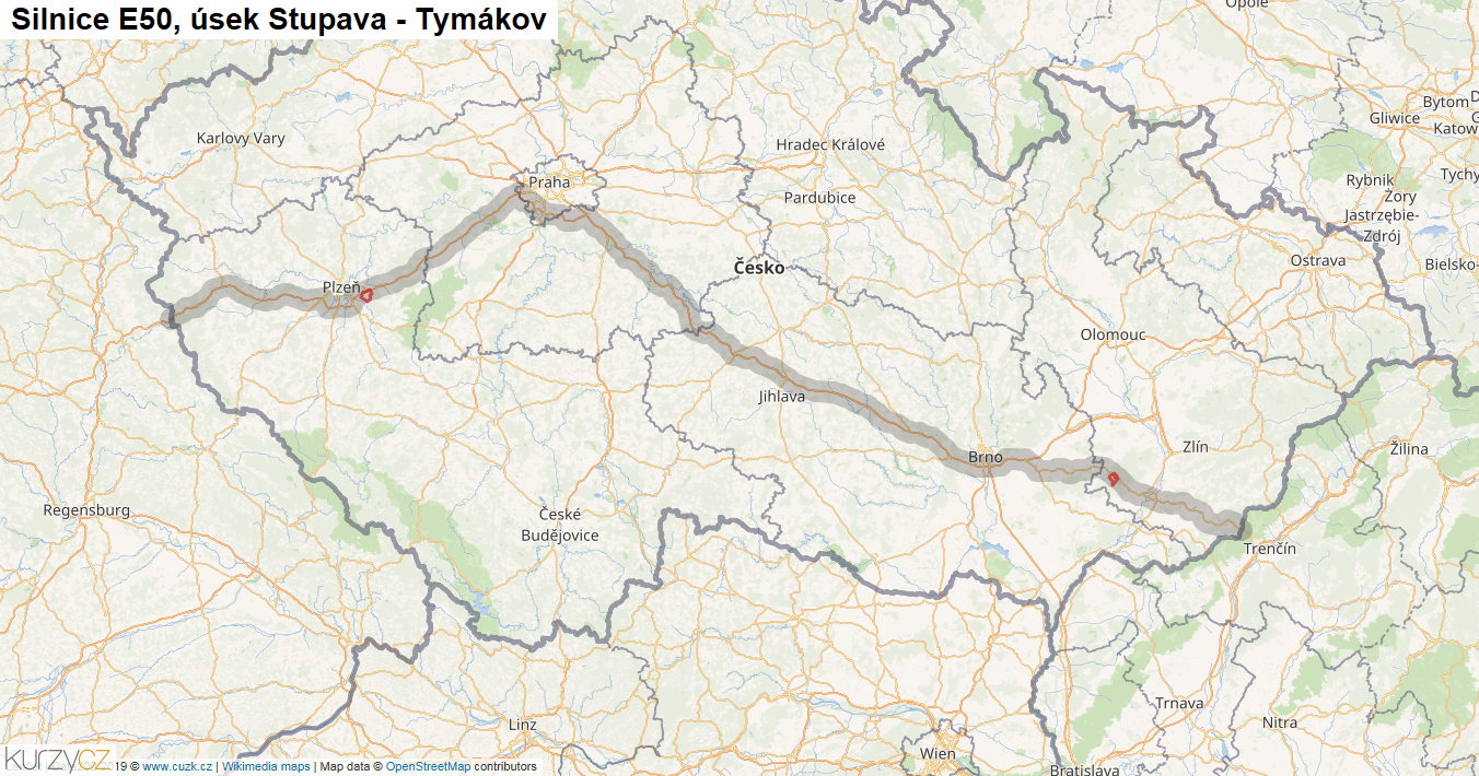 Úsek Stupava - Tymákov, Silnice E50 - Mapa