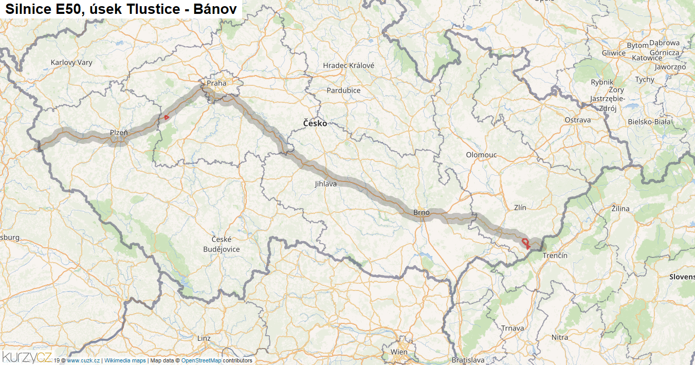 Úsek Tlustice - Bánov, Silnice E50 - Mapa